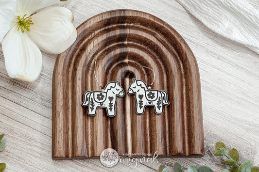 Digital SVG File for Laser Cut Folk Art Horse Dangle Earrings, Instant Download for Glowforge and xTool, Cottagecore Floral Pony Boutique-Style Earring Design by Diva Watts Designs