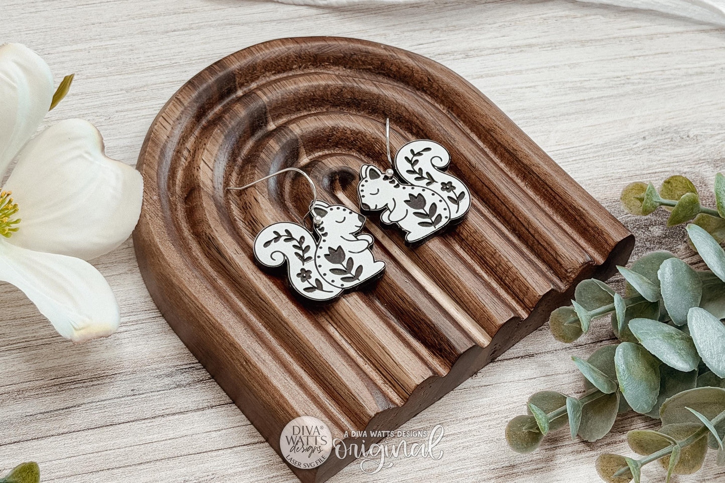 Digital SVG File for Laser Cut Folk Art Squirrel Dangle Earrings, Instant Download for Glowforge and xTool, Cottagecore Woodland Animal Boutique-Style Earring Design Featuring a Whimsical Floral Squirrel by Diva Watts Designs