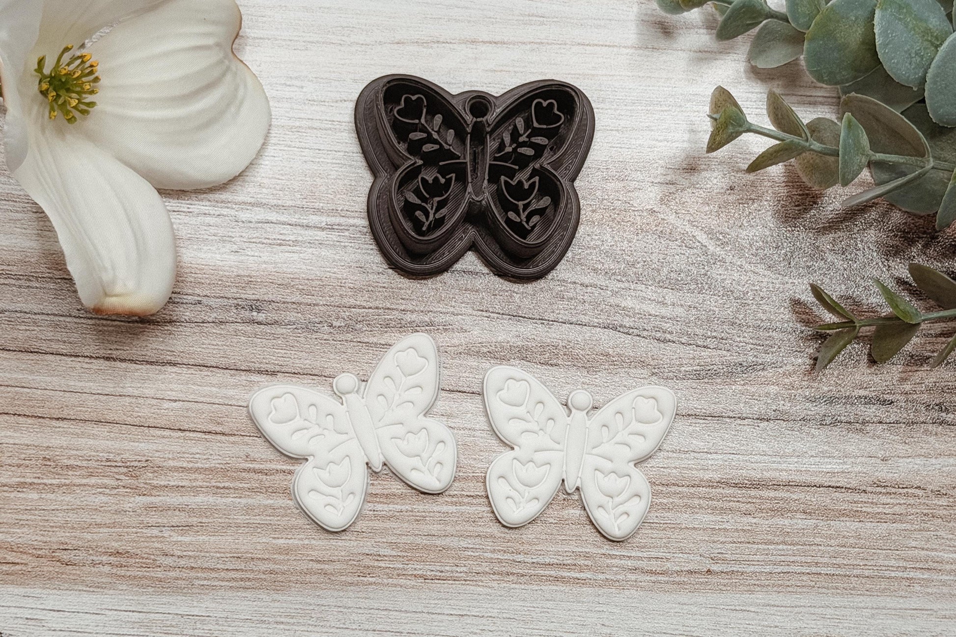 Folk Art Butterfly Clay Cutter STL Set for Polymer Clay Earrings Featuring Delicate Floral Wing Details, Includes Two Sizes Approximately 1.4 Inch W x 1.2 Inch H and 1.6 Inch W x 1.4 Inch H, Sharp Edge Design for Clean Cuts and Boutique Handmade Jewelry.