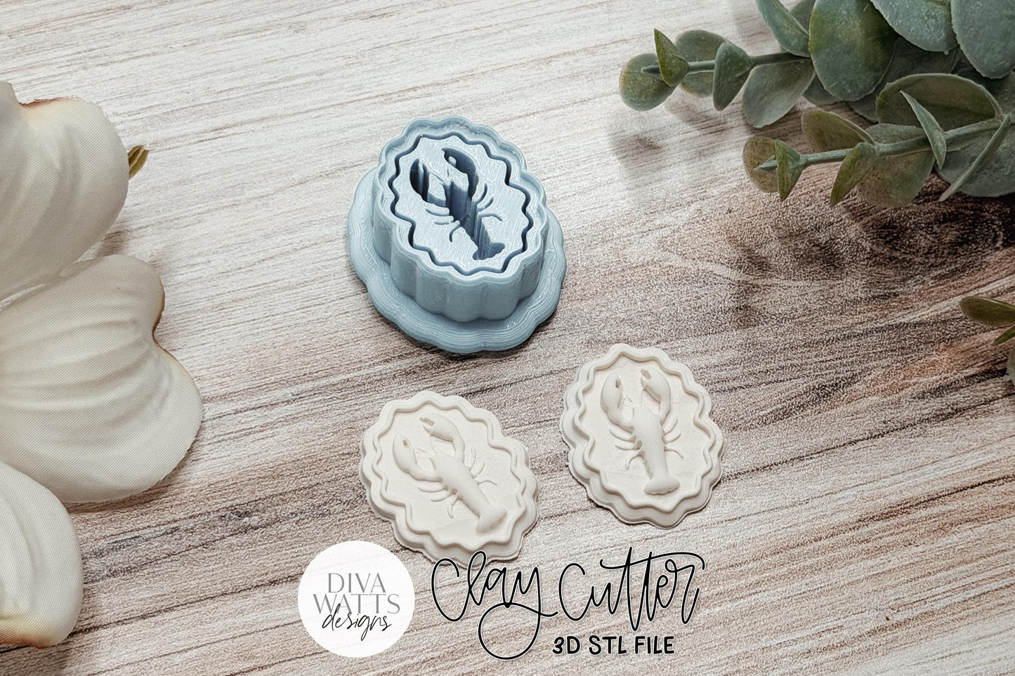 Lobster Scalloped Frame Full Press Clay Cutter STL for Polymer Clay Earrings Featuring a Detailed Lobster Inside a Decorative Scalloped Frame, Sharp Edge Design with Embossed Details, Approximate Size 1.3 Inch W x 1.6 Inch H, Perfect for Coastal and Nautical Handmade Jewelry.