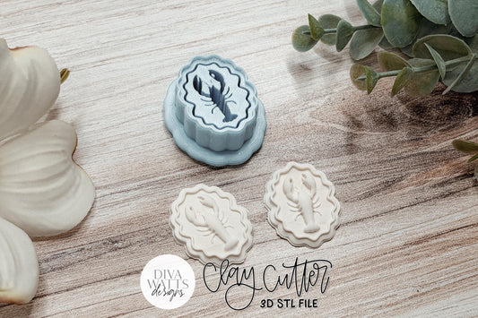 Lobster Scalloped Frame Full Press Clay Cutter STL for Polymer Clay Earrings Featuring a Detailed Lobster Inside a Decorative Scalloped Frame, Sharp Edge Design with Embossed Details, Approximate Size 1.3 Inch W x 1.6 Inch H, Perfect for Coastal and Nautical Handmade Jewelry.