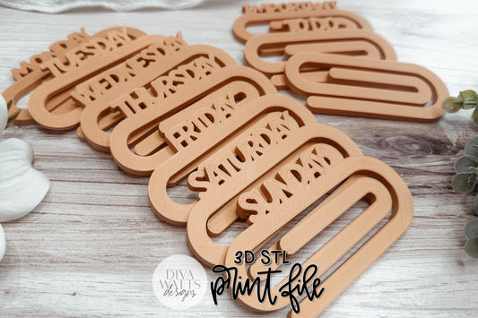 Days Of The Week Paperclip STL Set Featuring Monday Through Sunday Oversized Paperclip Designs For Planners, Journals, Bookmarks, And Office Organization. Includes Seven Printable STL Files. Each Paperclip Measures Approximately 4.0 Inches Wide By 2.2 Inches Tall. Great For Teachers, Students, Readers, And Planner Enthusiasts. Instant Digital Download.