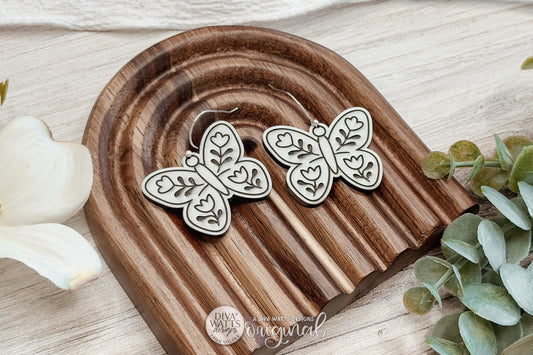 Digital SVG File for Cottagecore Butterfly Floral Dangle Earrings, Instant Download Featuring Large and Small Folk Art Butterfly Designs for Glowforge and xTool, Boutique-Style Nature Earring Design by Diva Watts Designs