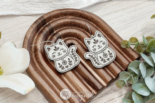 Digital SVG File for Cottagecore Folk Art Cat Dangle Earrings, Instant Download Featuring Large and Small Floral Kitty Designs for Glowforge and xTool, Boutique-Style Cat Earring Design by Diva Watts Designs