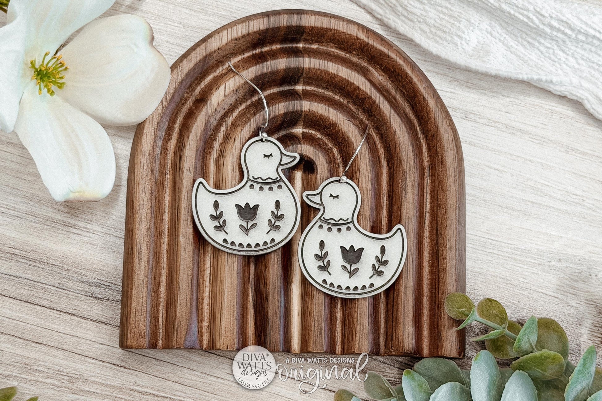 Digital SVG File for Laser Cut Folk Art Duck Dangle Earrings, Instant Download for Glowforge and xTool, Cottagecore Farmhouse Bird Boutique-Style Earring Design by Diva Watts Designs