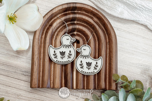 Digital SVG File for Laser Cut Folk Art Duck Dangle Earrings, Instant Download for Glowforge and xTool, Cottagecore Farmhouse Bird Boutique-Style Earring Design by Diva Watts Designs