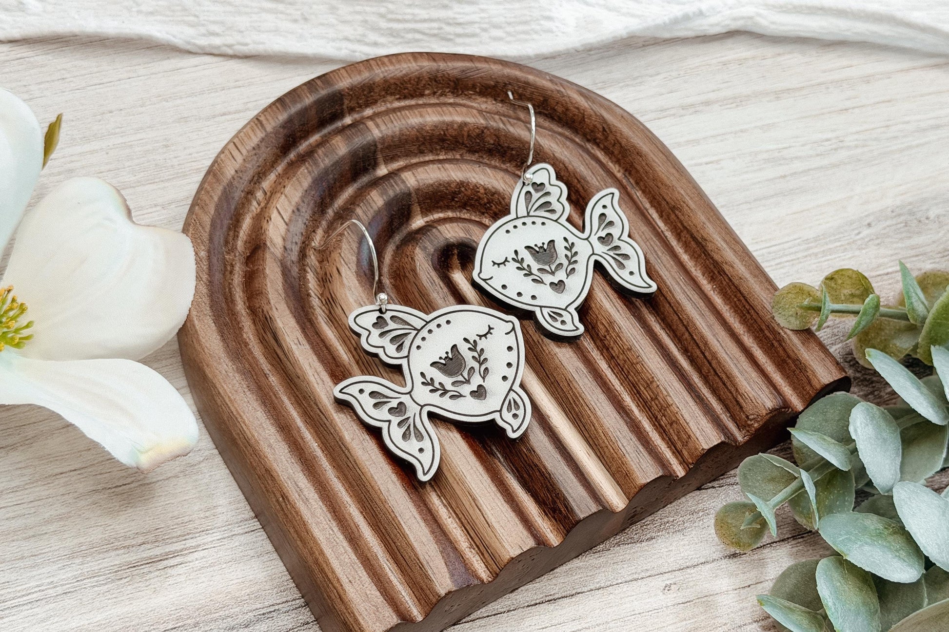 Laser Cut Earring SVG Folk Art Fish Dangle Earrings, Whimsical Scandinavian Inspired Ocean Design for Boutique Makers and Handmade Sellers
