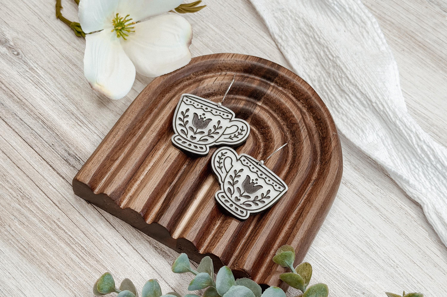 Laser Cut Earring SVG Teacup Dangle Design Cottagecore Tea Cup Earrings Whimsical Floral Jewelry for Boutique Handmade Sellers
