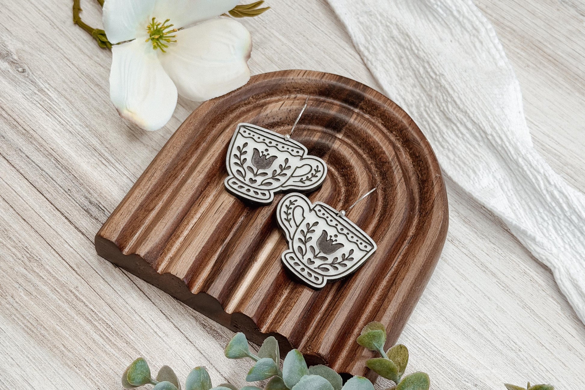 Laser Cut Earring SVG Teacup Dangle Design Cottagecore Tea Cup Earrings Whimsical Floral Jewelry for Boutique Handmade Sellers