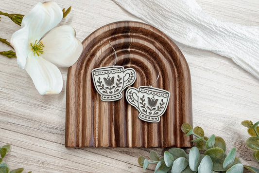 Digital SVG File for Laser Cut Vintage Teacup Dangle Earrings — Instant Download for Glowforge and xTool, Boutique-Style Cottagecore Tea Cup Earring Design Featuring Delicate Floral Engraving for Handmade Jewelry Collections.