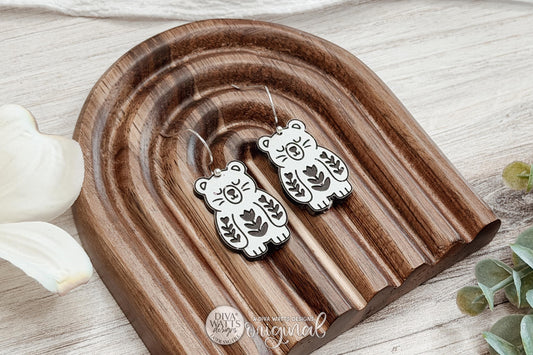 Digital SVG File for Laser Cut Folk Art Bear Dangle Earrings, Instant Download for Glowforge and xTool, Cottagecore Woodland Animal Boutique-Style Earring Design Featuring a Whimsical Floral Bear by Diva Watts Designs