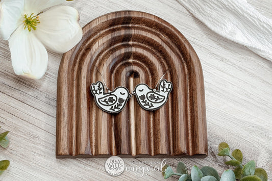 Digital SVG File for Laser Cut Folk Art Bird Dangle Earrings, Instant Download for Glowforge and xTool, Cottagecore Floral Songbird Boutique-Style Earring Design by Diva Watts Designs
