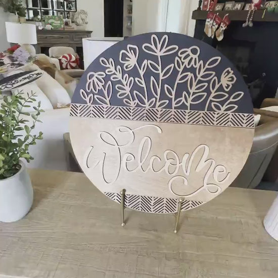 Welcome Floral SVG Laser Cut File, Elegant Geometric Door Hanger Template, Modern Round Sign Design for Glowforge & Xtool