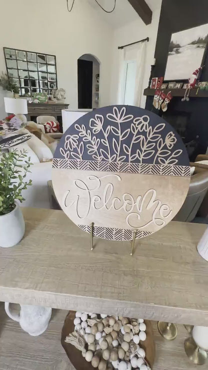 Welcome Floral SVG Laser Cut File, Elegant Geometric Door Hanger Template, Modern Round Sign Design for Glowforge & Xtool