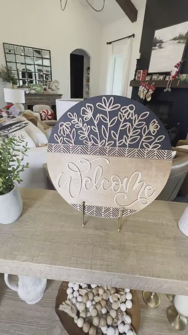 Welcome Floral SVG Laser Cut File, Elegant Geometric Door Hanger Template, Modern Round Sign Design for Glowforge & Xtool