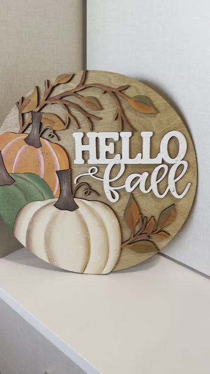 Hello Fall Door Sign SVG | Three Pumpkins and Leaves | Fall Door Décor | Laser Cut Fall Design