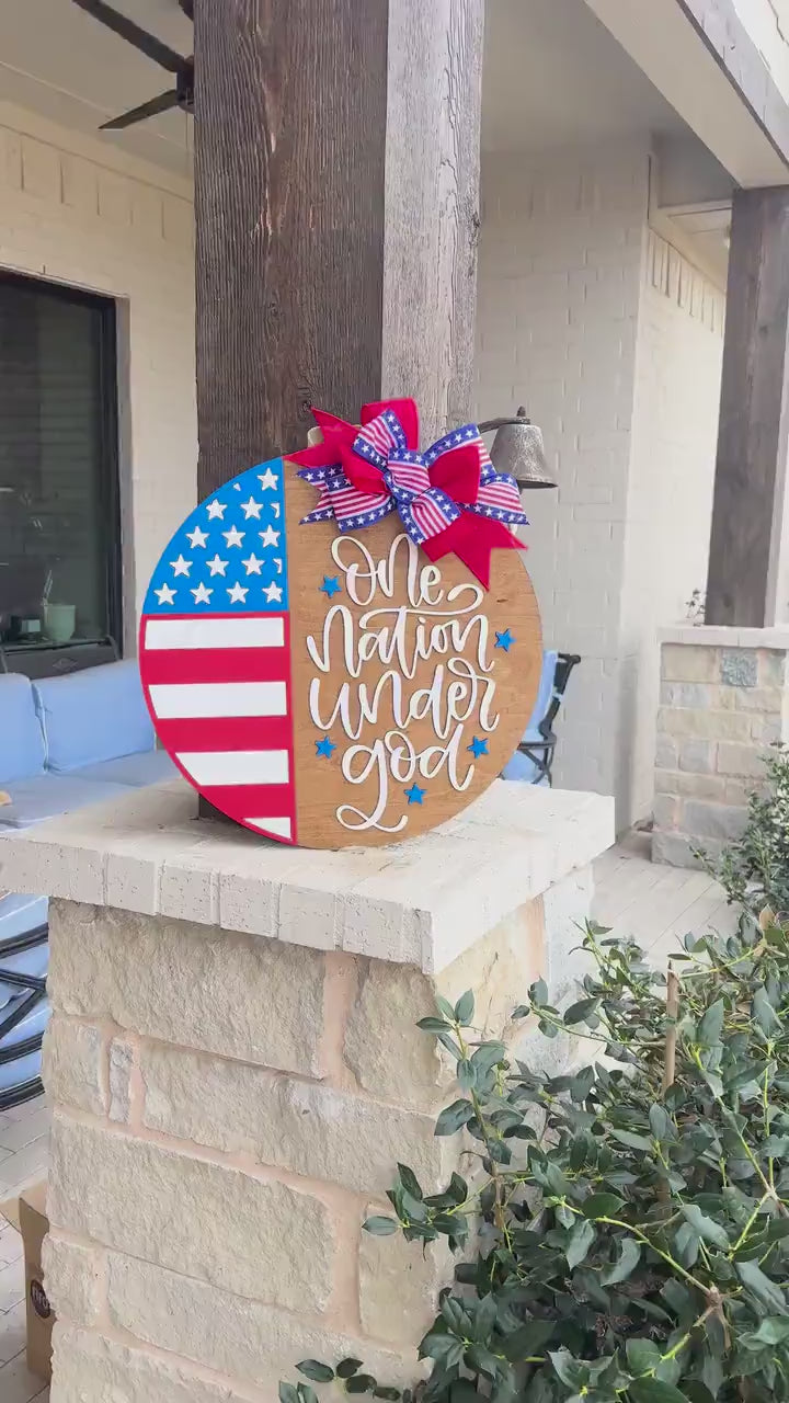 One Nation Under God SVG, Patriotic Door Hanger Laser Cut File, USA Round Sign, 4th of July Laser SVG, Farmhouse Porch Decor Glowforge xTool