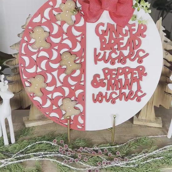 Gingerbread Kisses Peppermint Wishes Laser Cut SVG – Christmas Door Hanger SVG – Festive Gingerbread Peppermint Laser Cut File
