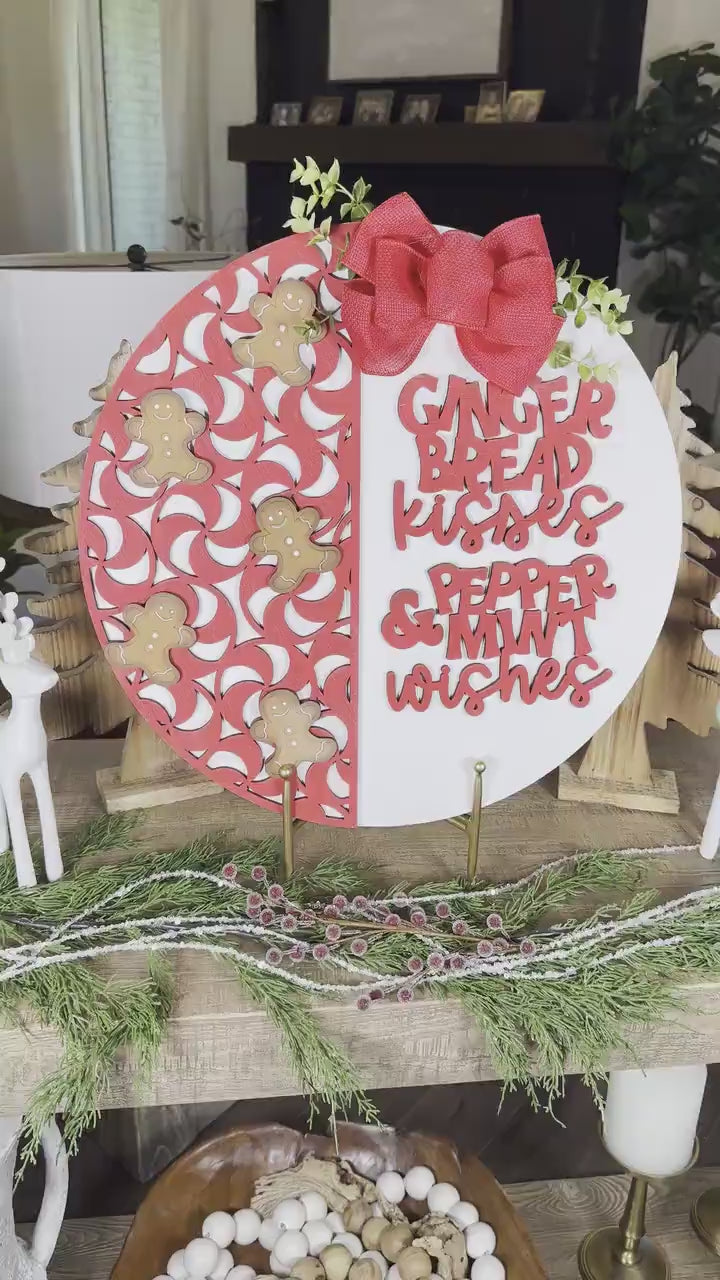 Gingerbread Kisses Peppermint Wishes Laser Cut SVG – Christmas Door Hanger SVG – Festive Gingerbread Peppermint Laser Cut File