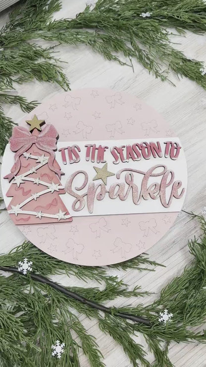 Tis the Season to Sparkle Door Hanger SVG with Tree & Bow, Holiday Laser Cut File, Festive DIY Decor