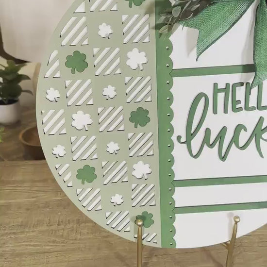 Hello Lucky Round Door Hanger SVG, Laser Cut Shamrock Pattern File, St. Patrick’s Day Circle Sign, Glowforge Xtool Laser File, DIY Decor