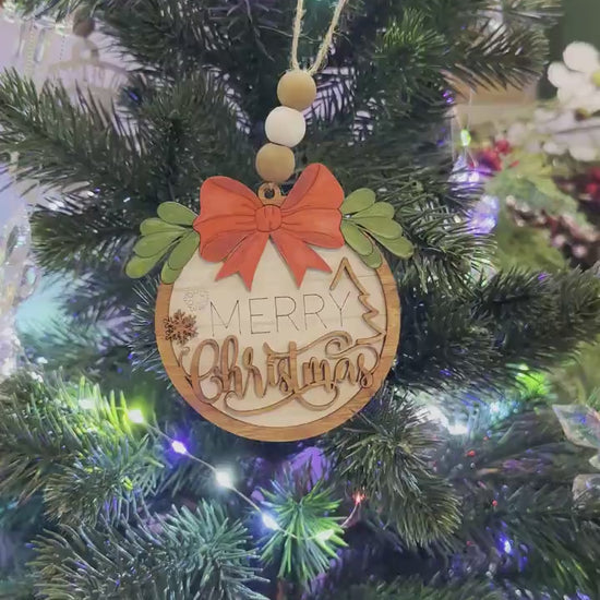 Merry Christmas Ornament SVG - Rustic Holiday Laser Cut File with Bow & Greenery - Christmas Decoration