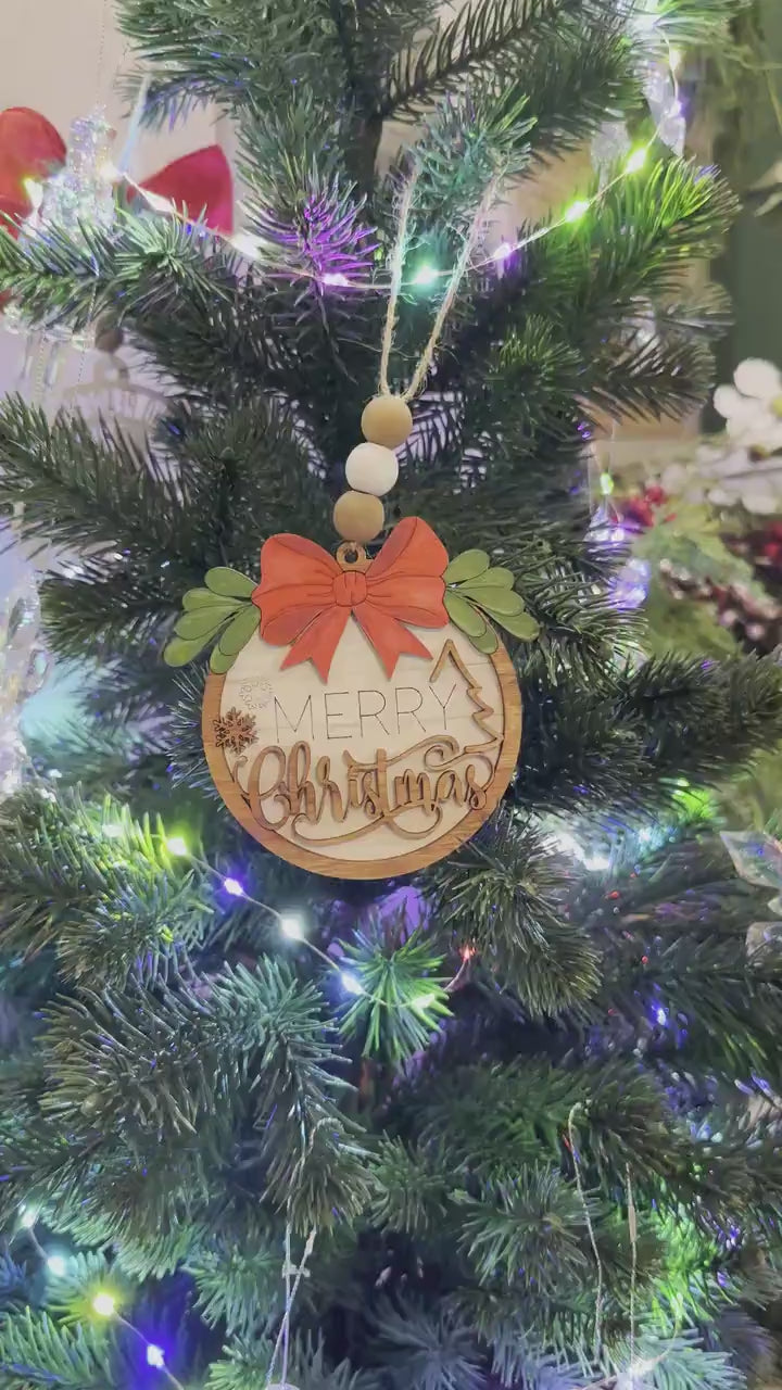 Merry Christmas Ornament SVG - Rustic Holiday Laser Cut File with Bow & Greenery - Christmas Decoration