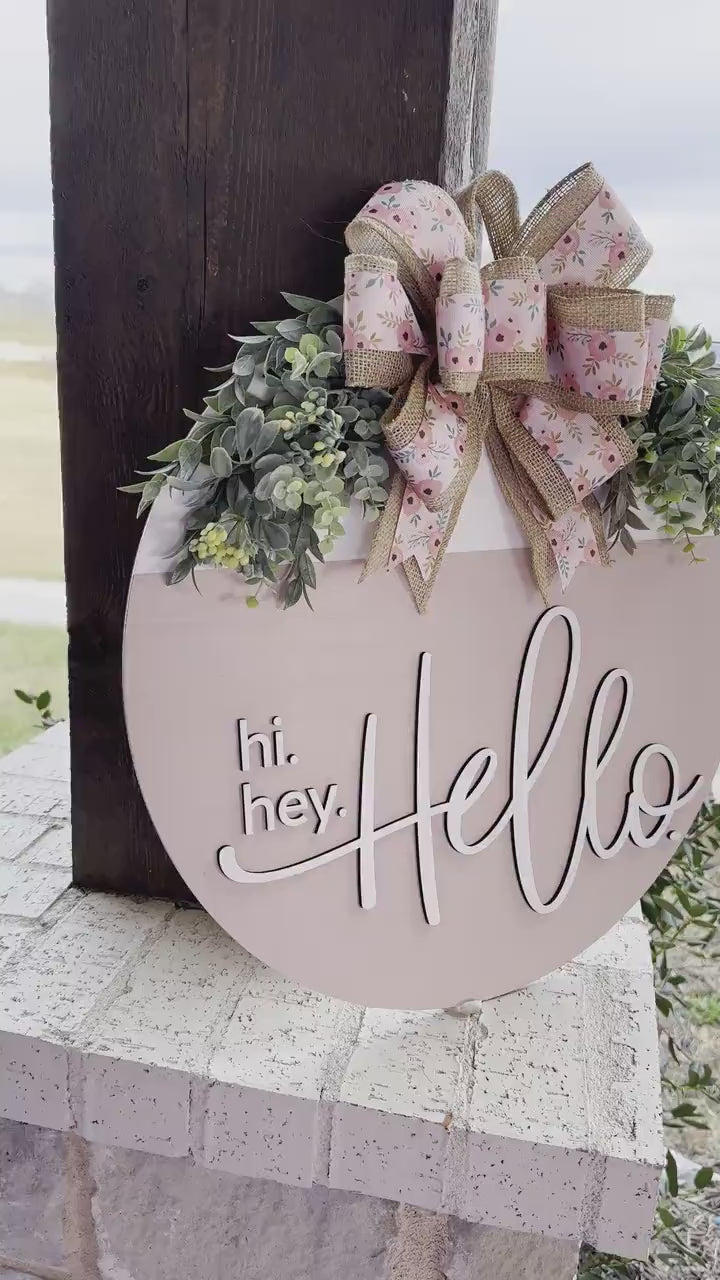 Hi Hey Hello Round Door Hanger SVG File, Laser Cut Design, Layered Wood Sign Template, Floral Bow Door Decor, Glowforge Ready File