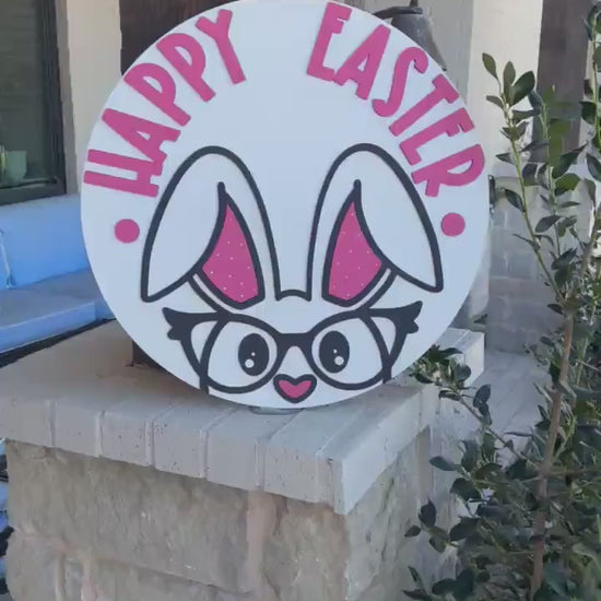 Happy Easter Bunny Door Hanger SVG, Glasses Rabbit Laser Cut File, Round Sign Design, Glowforge SVG, Xtool, Easter Decor
