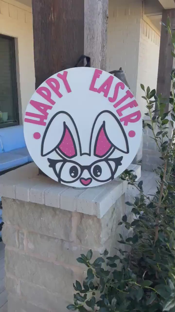 Happy Easter Bunny Door Hanger SVG, Glasses Rabbit Laser Cut File, Round Sign Design, Glowforge SVG, Xtool, Easter Decor