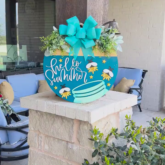 Hello Summer SVG Laser File | Fireflies in Jar Round Door Hanger SVG for Laser Cutting | Layered Summer Porch Sign File for Xtool Glowforge