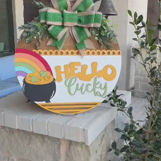 Hello Lucky Door Hanger SVG, St. Patrick’s Day Laser Cut File, Rainbow Pot of Gold Sign, Glowforge SVG, Xtool, Shamrock Decor
