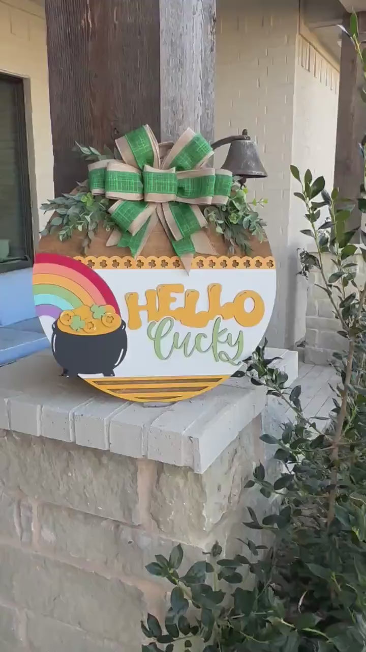 Hello Lucky Door Hanger SVG, St. Patrick’s Day Laser Cut File, Rainbow Pot of Gold Sign, Glowforge SVG, Xtool, Shamrock Decor
