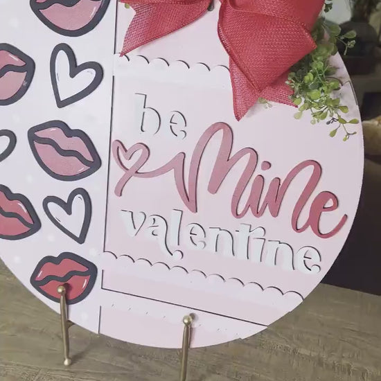 Be Mine Valentine SVG Laser Cut File, Kiss and Heart Door Hanger Template, Round Valentine Sign Design, Glowforge & Xtool Compatible