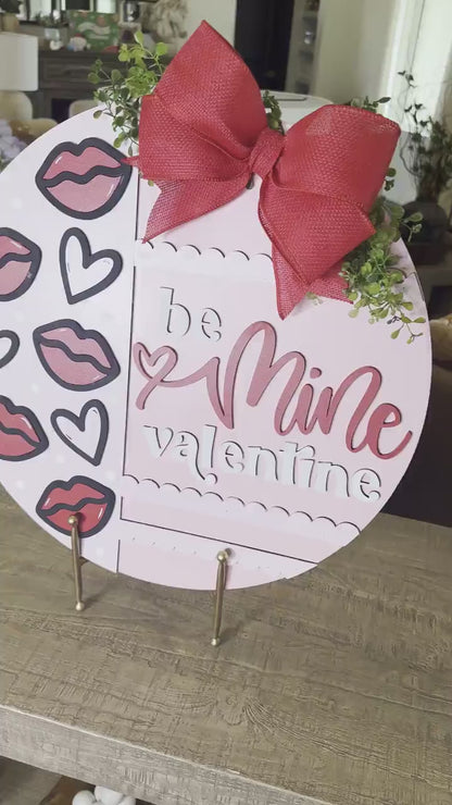 Be Mine Valentine SVG Laser Cut File, Kiss and Heart Door Hanger Template, Round Valentine Sign Design, Glowforge & Xtool Compatible