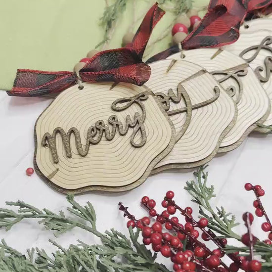 Laser Cut Faux Wood Slice Ornament Set SVG | Rustic Christmas Word Ornaments | DIY Holiday Decor Laser Files | Farmhouse Tree Ornament SVG