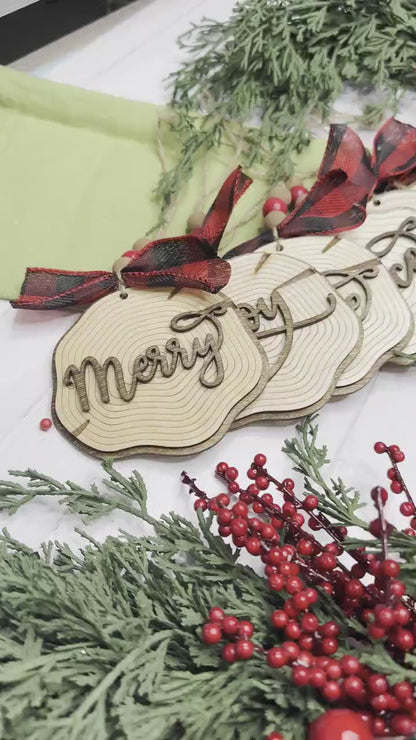 Laser Cut Faux Wood Slice Ornament Set SVG | Rustic Christmas Word Ornaments | DIY Holiday Decor Laser Files | Farmhouse Tree Ornament SVG