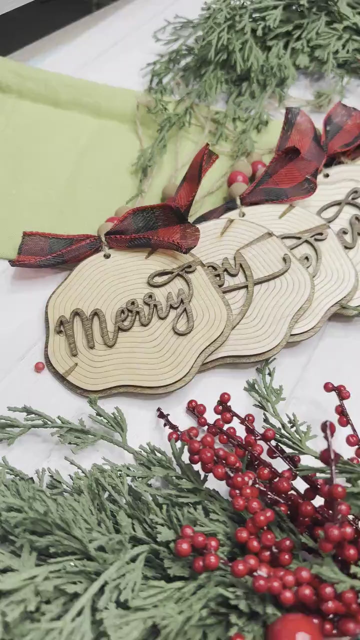 Laser Cut Faux Wood Slice Ornament Set SVG | Rustic Christmas Word Ornaments | DIY Holiday Decor Laser Files | Farmhouse Tree Ornament SVG