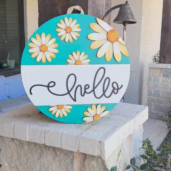 Hello Daisy Door Hanger SVG Laser Cut File | 3D Layered Floral Sign | Spring Porch Decor | Glowforge Xtool Laser File Flower Door Hanger