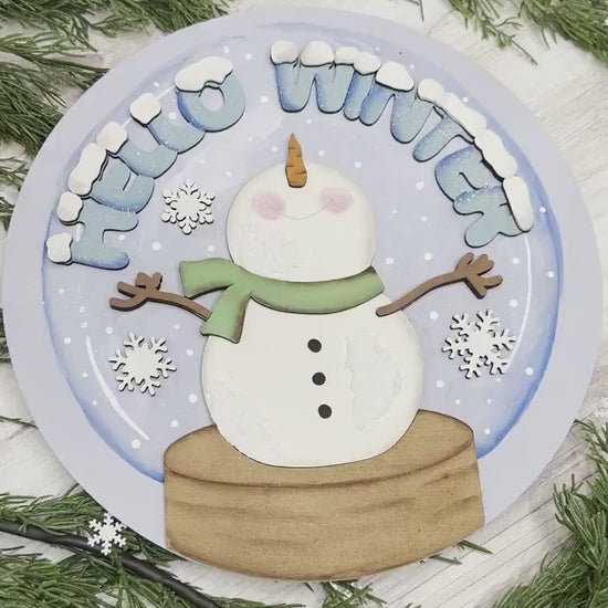 Hello Winter Snowman Snowglobe SVG with Falling Snowflakes, Winter Laser Cut File, DIY Holiday Decor