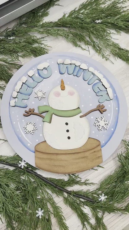 Hello Winter Snowman Snowglobe SVG with Falling Snowflakes, Winter Laser Cut File, DIY Holiday Decor