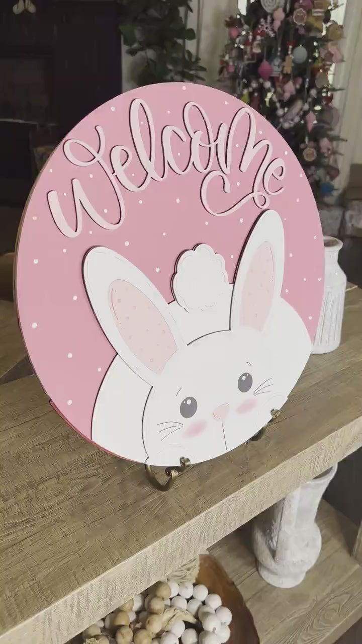 Easter Bunny Welcome Sign SVG, Laser Cut File for Glowforge, Cute Spring Door Hanger Design, Rabbit Welcome Sign Template