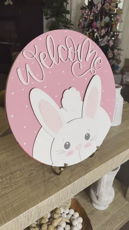 Easter Bunny Welcome Sign SVG, Laser Cut File for Glowforge, Cute Spring Door Hanger Design, Rabbit Welcome Sign Template