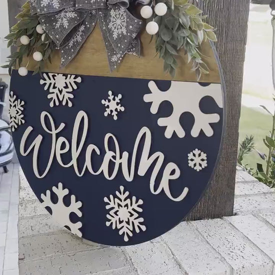 Winter Welcome Door Hanger SVG, Snowflake Laser Cut File, Layered Round Wood Sign Template, Glowforge Ready Design