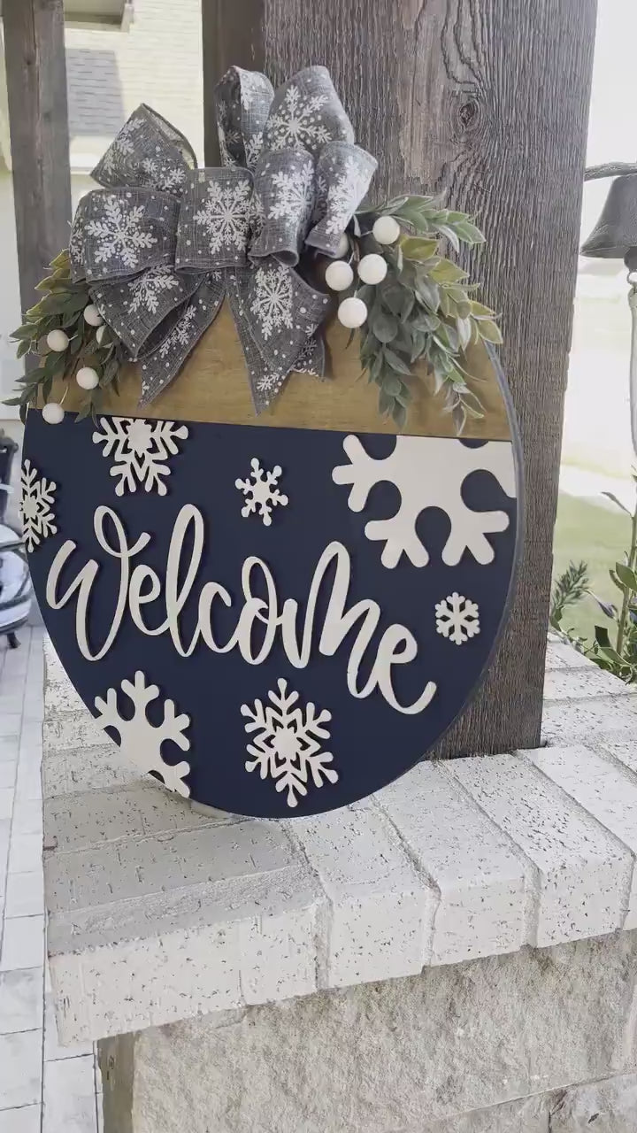 Winter Welcome Door Hanger SVG, Snowflake Laser Cut File, Layered Round Wood Sign Template, Glowforge Ready Design