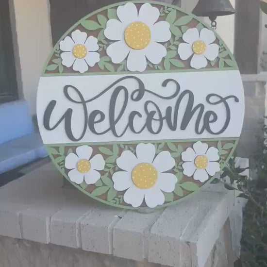 Welcome Sign SVG Laser Cut File - Daisy Floral Round Door Hanger Design - Glowforge, Xtool, Cricut Compatible - DIY Home Decor