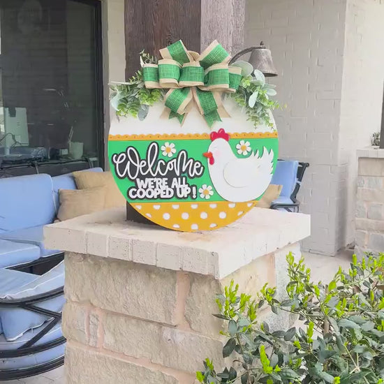 Welcome We're All Cooped Up SVG | Funny Chicken Door Hanger Laser Cut File | Farmhouse Layered Round Sign for Glowforge & Xtool