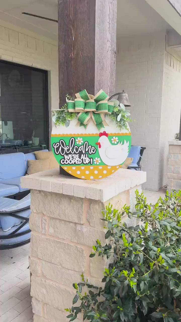 Welcome We're All Cooped Up SVG | Funny Chicken Door Hanger Laser Cut File | Farmhouse Layered Round Sign for Glowforge & Xtool