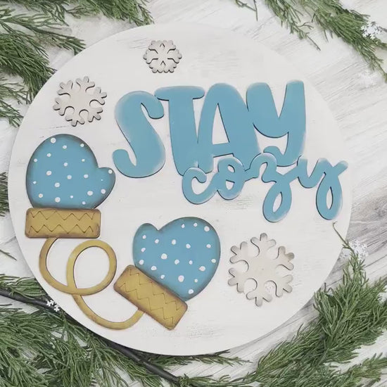 Stay Cozy Door Hanger SVG, Winter Mittens and Snowflakes Laser Cut File, Cozy Winter Decor, Easy DIY Laser Door Hanger