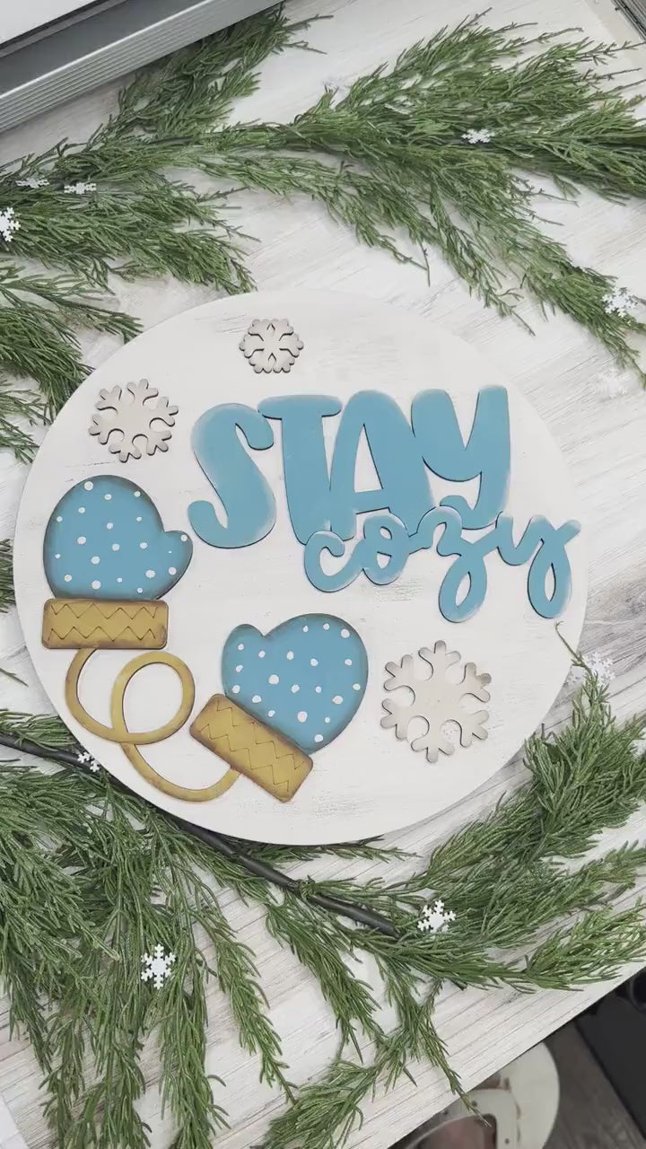 Stay Cozy Door Hanger SVG, Winter Mittens and Snowflakes Laser Cut File, Cozy Winter Decor, Easy DIY Laser Door Hanger